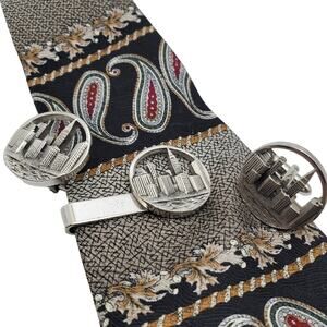 Swank NYC Cufflinks Tie Clip Bar New York Skyline Silver Tone Clasp Bar Mens Vtg